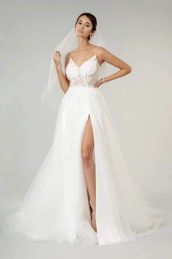 Sheer Bodice V-Neck Wedding Gown /w train side slit