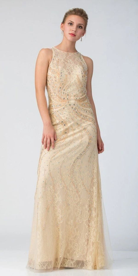 Beaded Champagne Formal Cut Out Dress