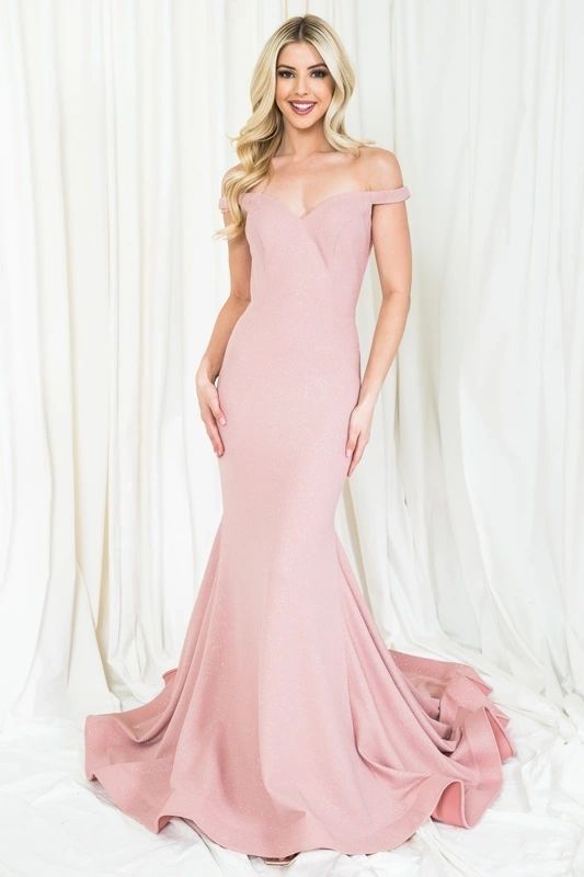 off shoulder glitter fitted evening gown