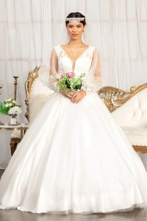 Long Sleeves Wedding Gown Sheer Back Button Closure