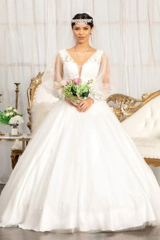 Long Sleeves Wedding Gown Sheer Back Button Closure