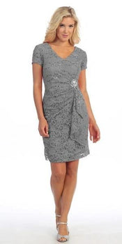 Silver Side-Gathered Cocktail Dress With Brooch