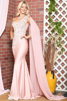 One shoulder sleeves evening gown