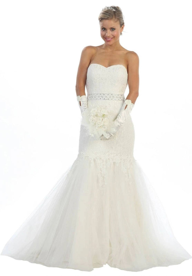 Strapless White Lace Wedding Dress With Tulle Skirt