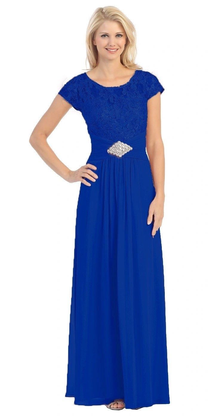 Royal Blue Lace Formal Dress With Brooch