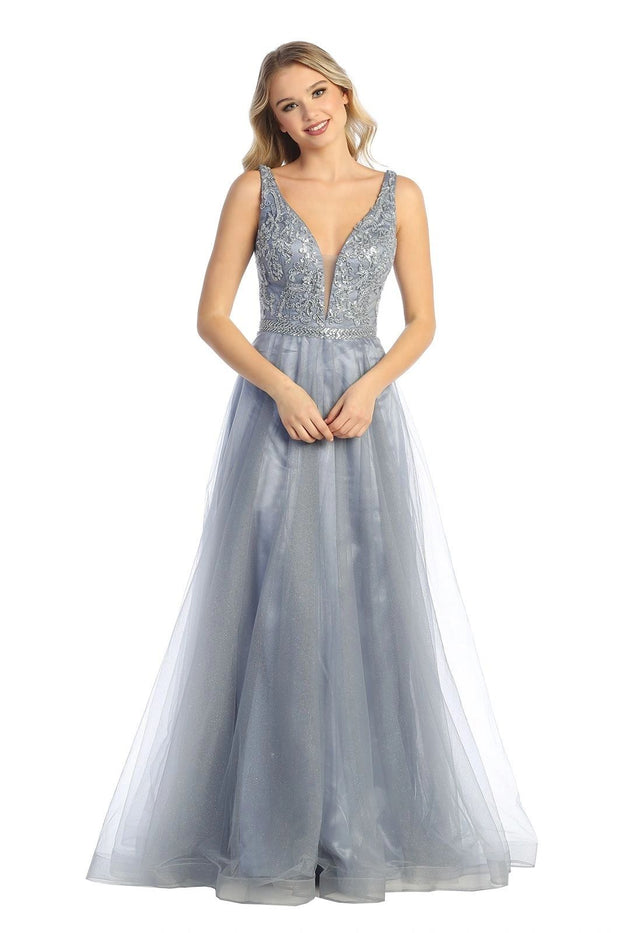 long v-neck prom dress is embellished with sparkly rhinestones,beads and sequins on the top bodice. The beautiful evening gownand shimmering floor-length skirt has sparkling glitter all throughout the skirt