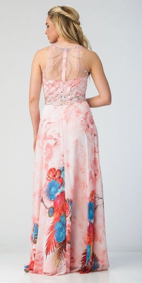 Pink Illusion Sweetheart Neck Printed Gown
