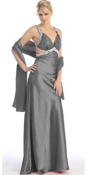 Long Pageant Dress with Studded Straps in Charcoal