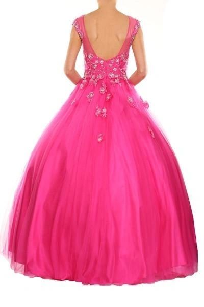 Floral Long Ball Gown with Illusion Neckline