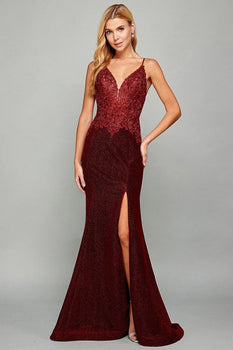 V neckline illusion fitted evening gown
