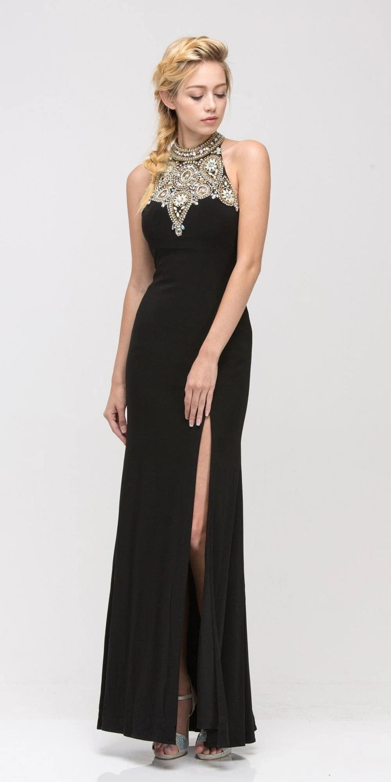 Gown in Black with Front Slit and Aztec Bead Design