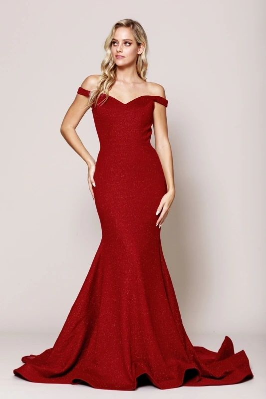 off shoulder glitter fitted evening gown