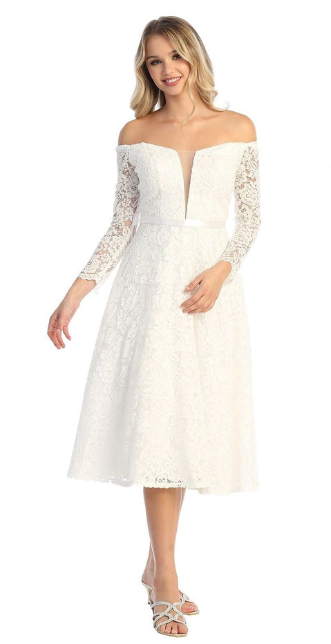 off-the-shoulder short wedding gown