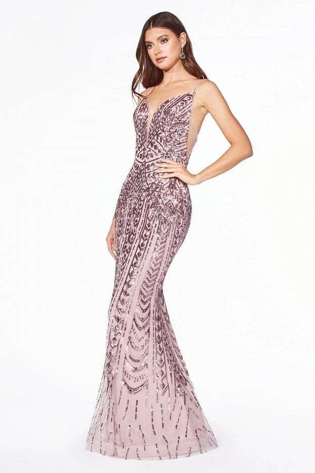 Geometric Sequin Pattern Fitted Gown