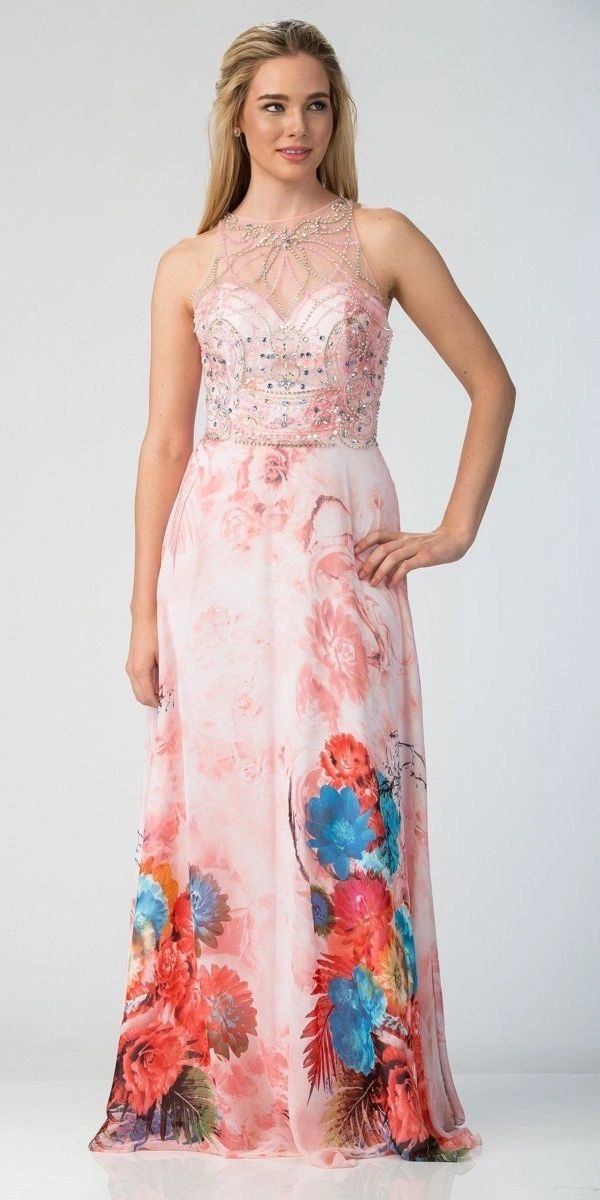 Pink Illusion Sweetheart Neck Printed Gown