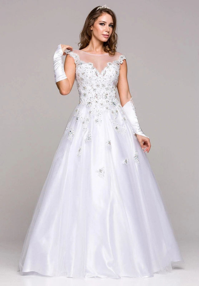 Floral Long Ball Gown with Illusion Neckline