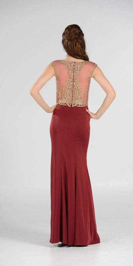 Long Formal Dress with Sheer Bodice and Cap Sleeves in Orange