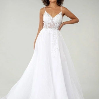 Sheer Bodice V-Neck Wedding Gown /w train side slit