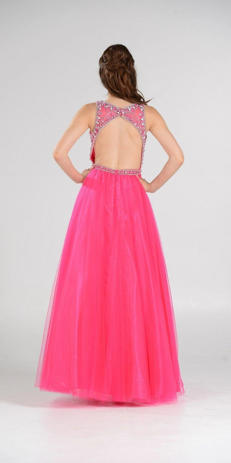 Sleeveless Mesh Ball Gown with Cut-Out Back and Illusion Bodice in Fuchsia