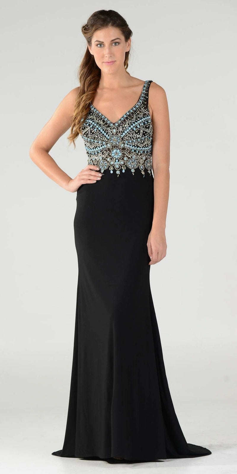 V-Neck Fit and Flare Prom Gown Embellishments