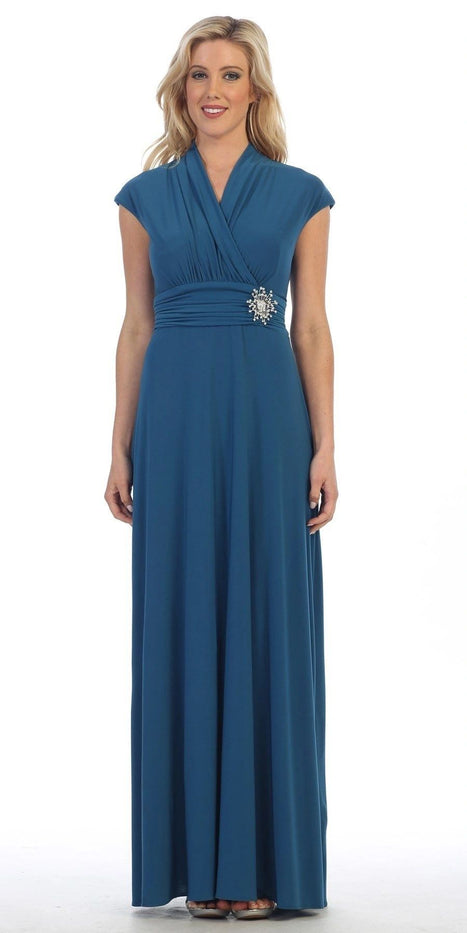 Long A-line Formal Dress with Cap Sleeves and Brooch